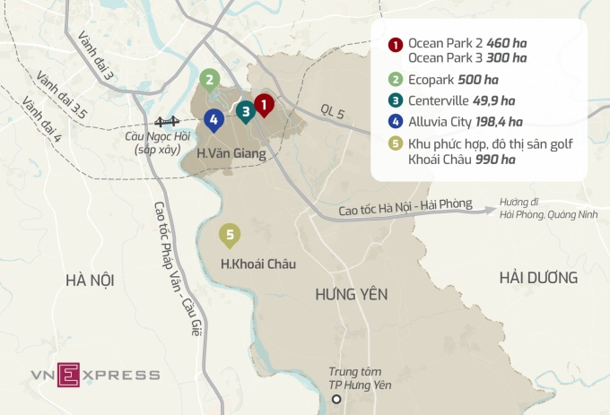 Các dự án lớn tại Hưng Yên, khu 1 và 2 đã hình thành, khu 3, 4, 5 đang triển khai. Đồ họa: Anh Tú